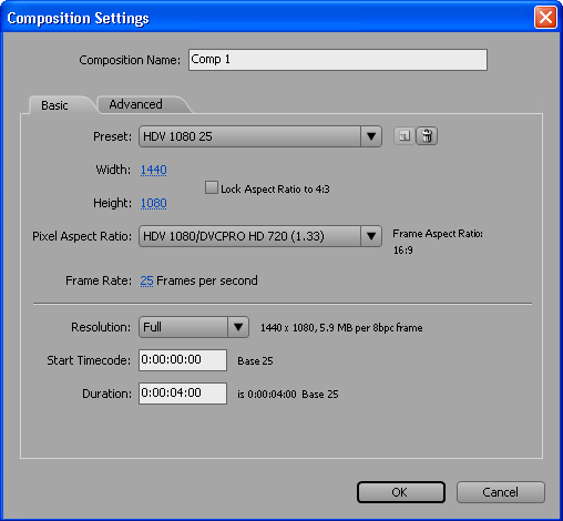 Setting effect. Composition settings after Effects.