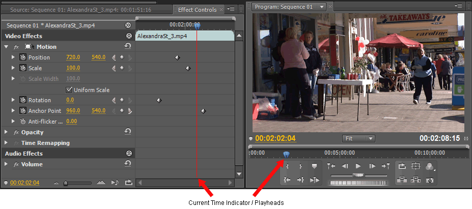 Current Time Indicators in the Program Monitor and Effects Controls Panel
